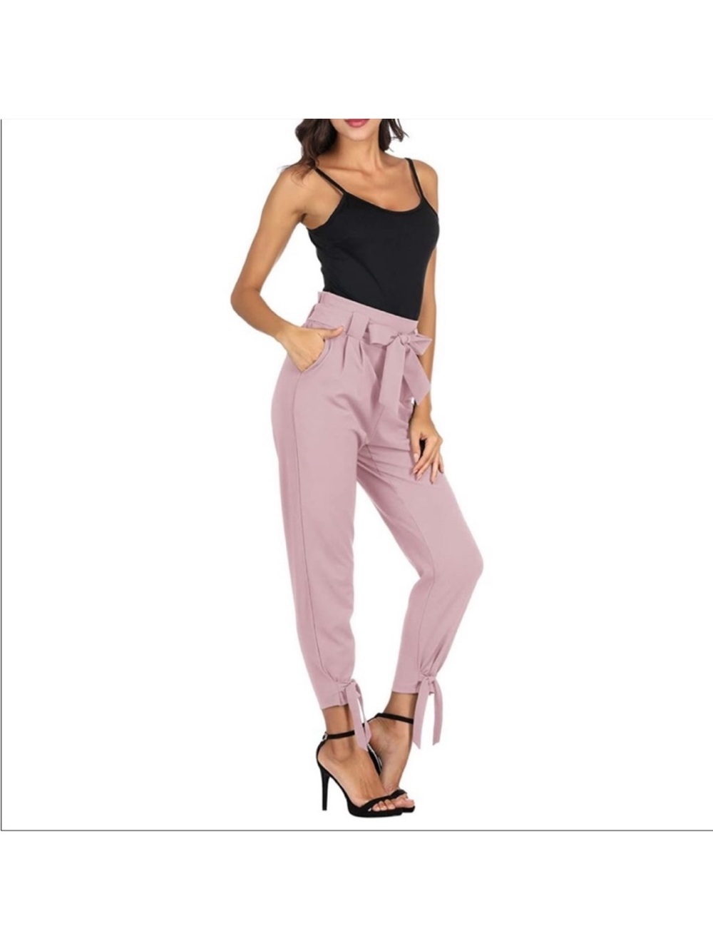 Grace Karin M Light Dusty Pink Casual High Waist Paper Bag Pants with bows
